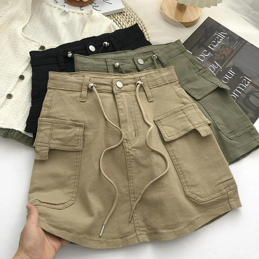 Women Green Short Skirt Denim Cargo Drawstring High Waist Hip Wrapped Slim Fitt Mini Skirts Female Big Pocket A Line Skirts