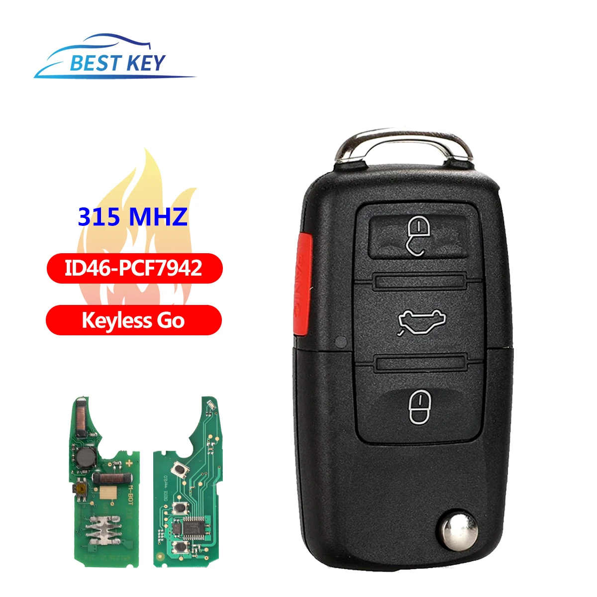 

BEST KEY Keyless Go Fob 3+1Panic 4 Buttons for VW Volkswagen Touareg Phaeton 3D0959753AK ID46 7942 Chip 315MHz Flip Remote Key