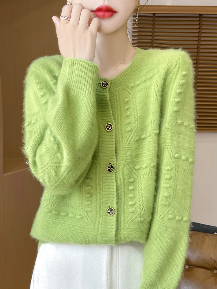Autumn Winter Warm Soft Cable Stitch Simple Comfortable Women's O-Neck Cardigan 100% Merino Wool Knitted Sweater Clothing Tops