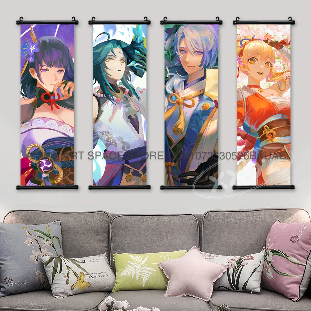 Genshin Impact Hanging Painting Klee Canvas Wall Art Diluc Home Decor Ganyu Scrolls Picture Hu Tao Artwork Game Figures Poster