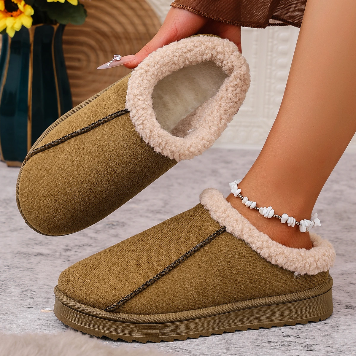 

Chelsea Ankle Snow Boots Women Winter New Brand Fur Short Plush Warm Flats Slippers Platform Shoes Flip Flops Botas Cotton Shoes