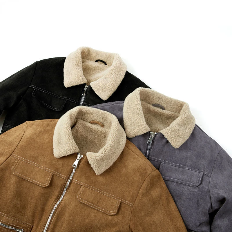 Japanese Winter Suede Jackets Men Turn-down Collar Lined with Lambwool Plus Velvet Thickening Fashion Multi-pockets Cargo Coats