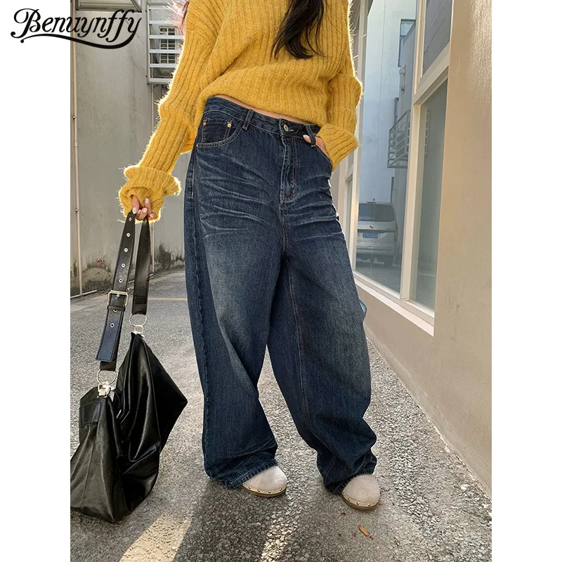 

Benuynffy American Fashion Y2k Wide Leg Jeans Women 2025 Autumn Winter New Retro Distressed Washed Baggy Pants Woman Streetwear