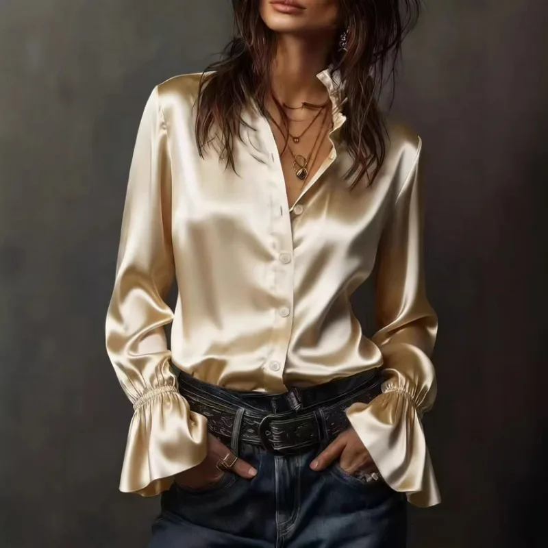 

Luxury Long-sleeve Silk Shirt Black White Blouse Women Turn-up Collar Button Office Ladies Tops Design High-end Shirts Mujer