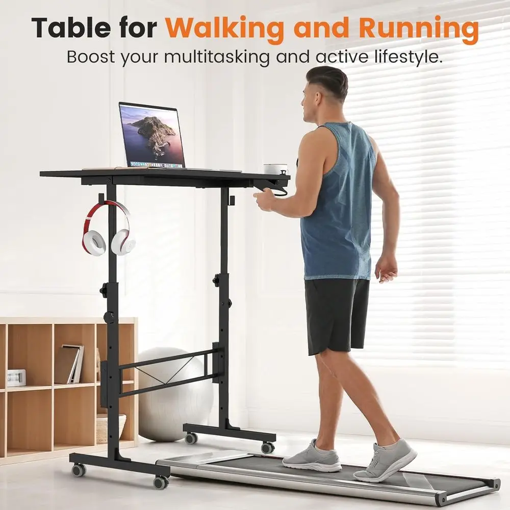 Compact Adjustable-Height Stand-Up Desk with Wheels, Portable Laptop Stand for Mobile Use, Black