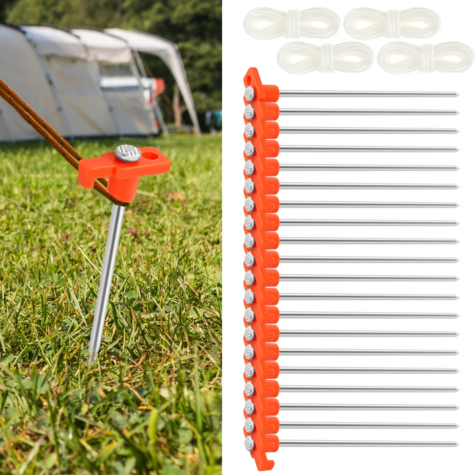 20PCS/Set Tent Stakes 8 Inch Non Rust Metal Tent Pegs with 10ft Ropes Ground Stakes Tent Spikes for Camping Patio Garden Outdoor