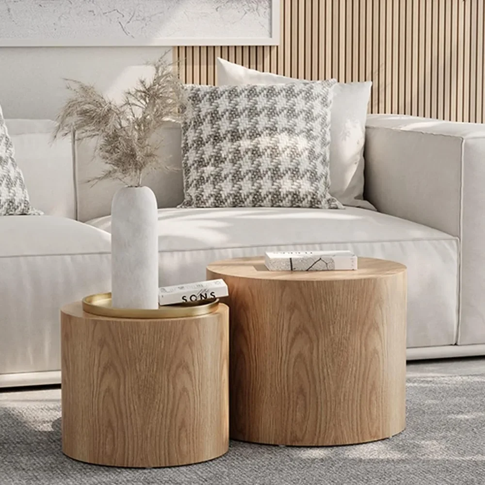 Round Coffee Table Set of 2, Nesting Side Table End Table, Modern Drum Side Table for Small Space, Living Room, Office, Bedroom