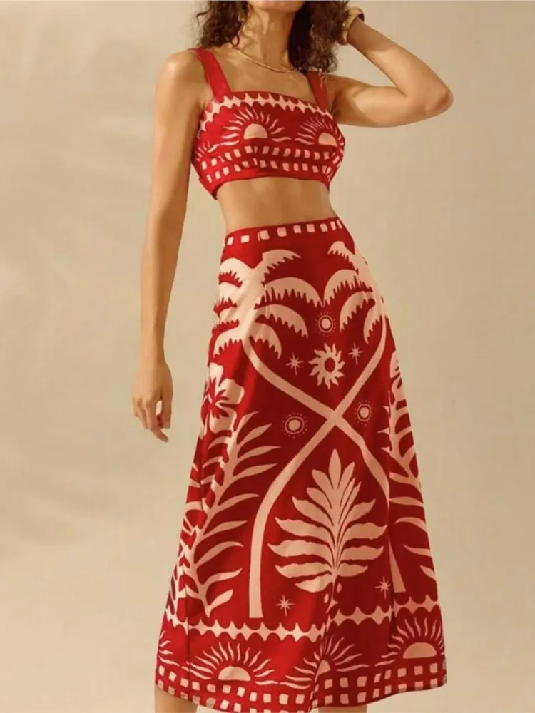

Summer New Fashion Tie Sexy Printed Suspender Long Skirt Two-piece Set Women's Elegant Style Comfortable Commuting Dress Set