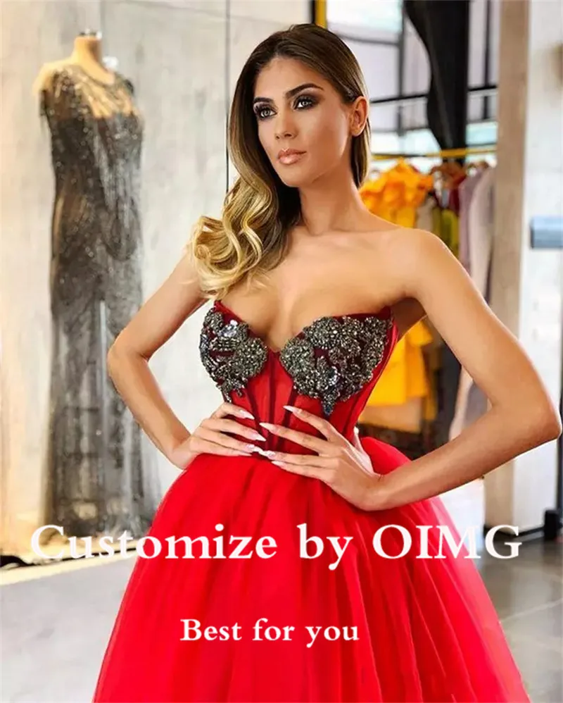 Red A Line Tulle Prom Dresses Shiny Beads Sweetheart Spaghetti Straps Ankle Length Evening Party Gowns Graduation Dress