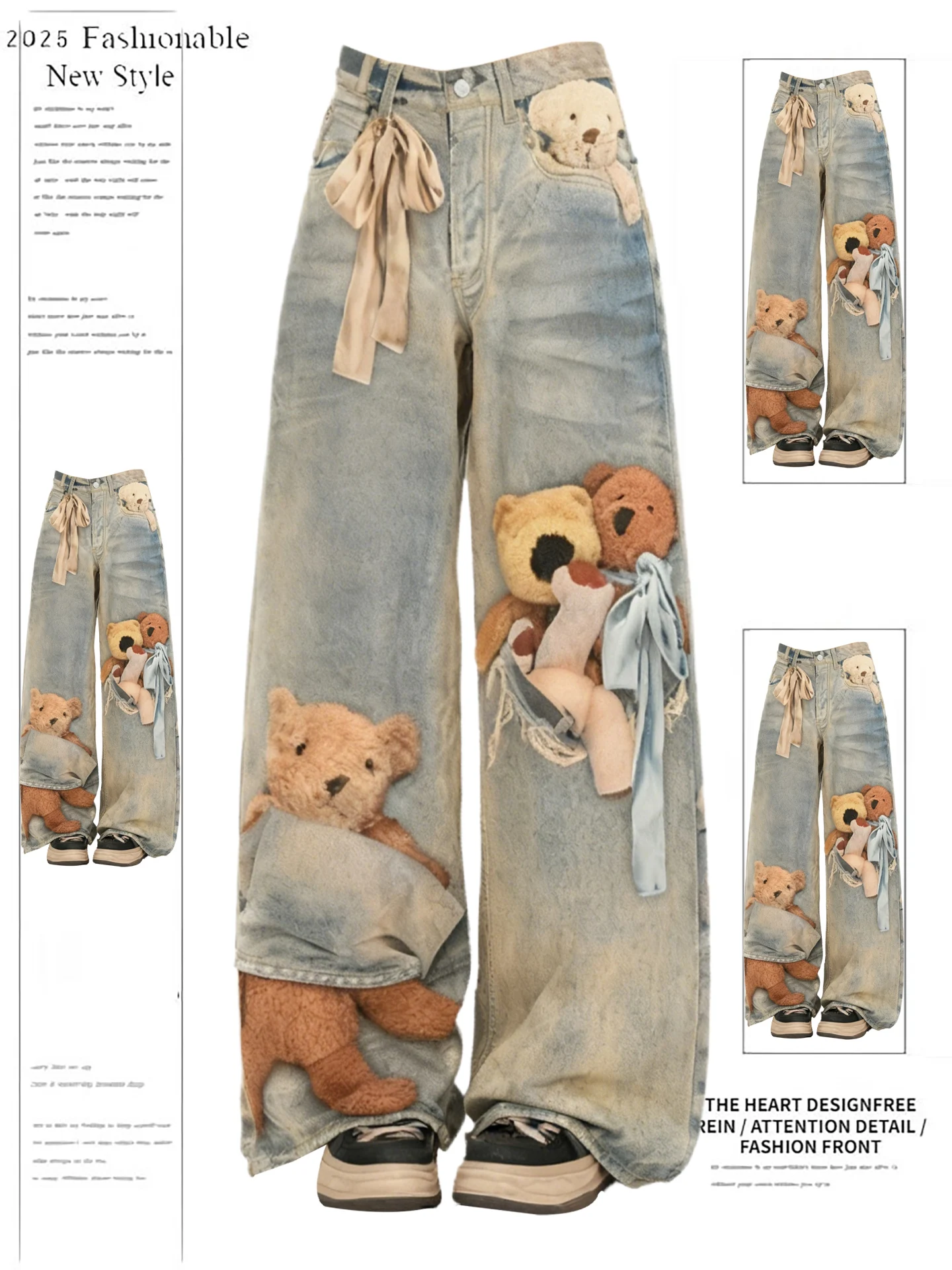 

Fun Bear Print Wide Leg Jeans Women's Spring Autumn Loose Fit High Waist Denim Pants Casual Wear Floor-Length Design 2026 New...