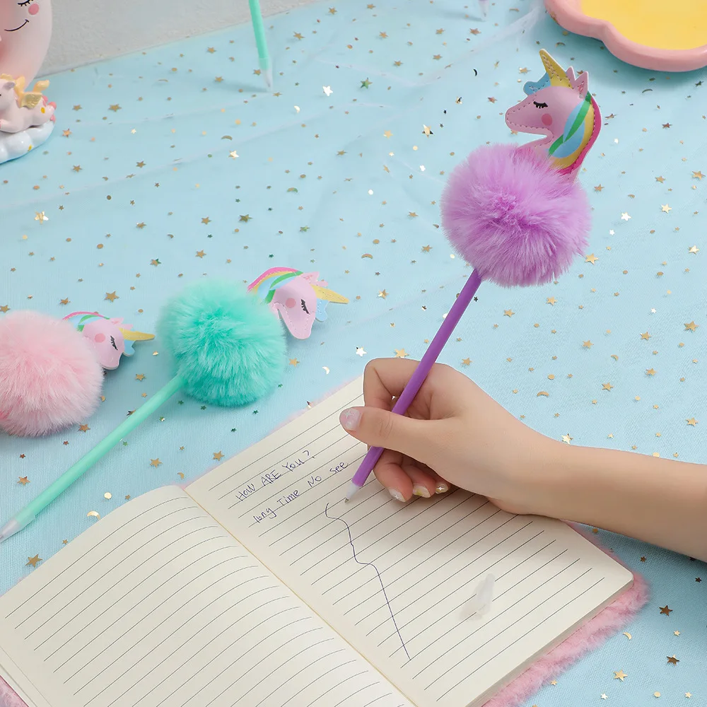 1PCS 4 Colors Children\'s Unicorn Plush Ball-point Pen Student Rainbow Note taking pen Fantastic Cartoon Girl Handwriting Pens