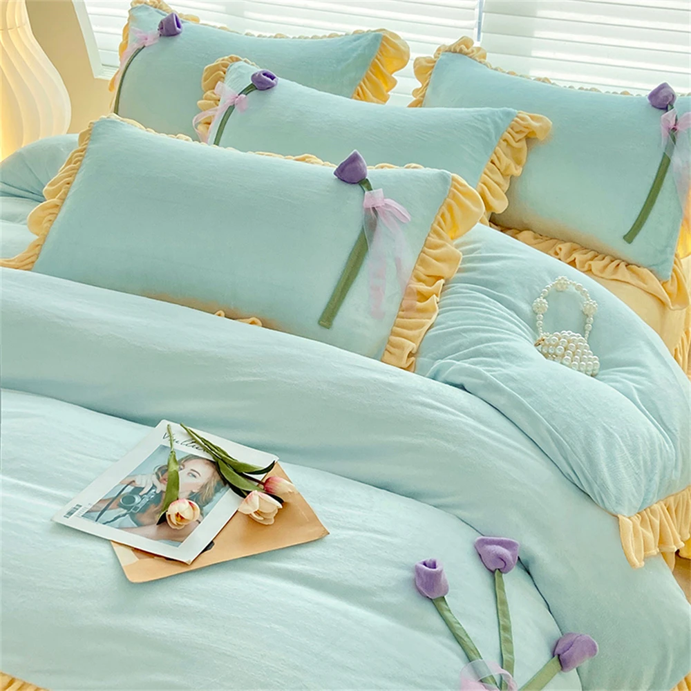 Luxury Princess Milk Velvet Bedding Set Kawaii Bed Skirt Warm Thickened Four-Piece Set Pillowcase Girls Home DecorDuvet Cover