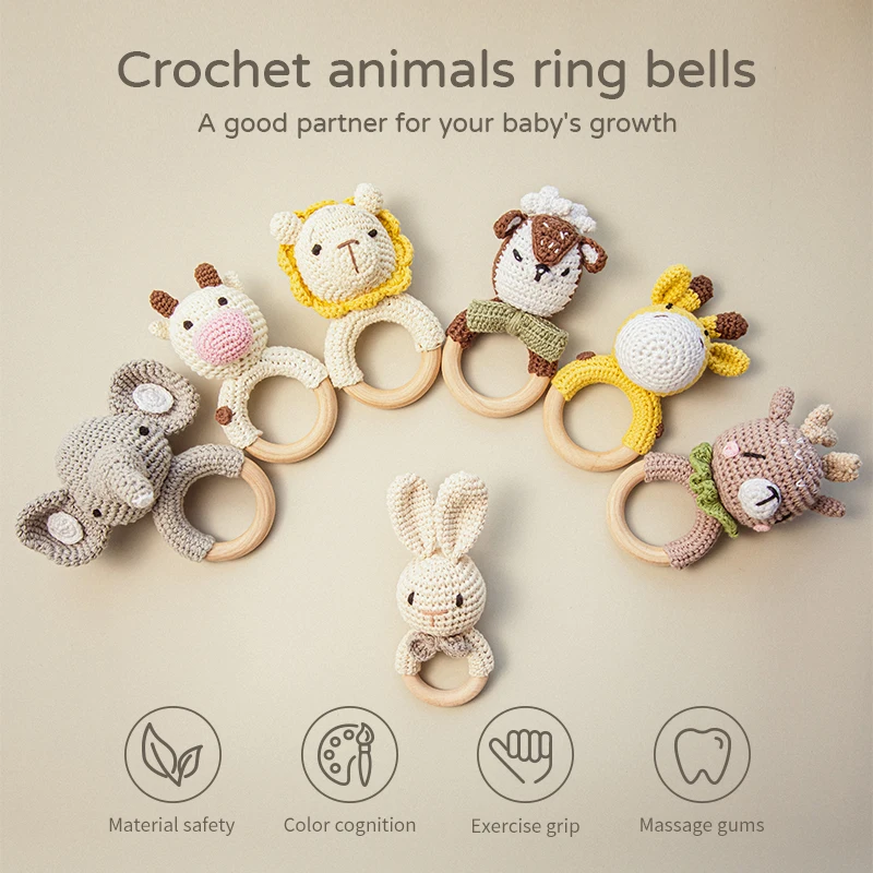 Bopoobo 1pc Baby Rattles Crochet Bunny Rattle Toy Wood Ring Baby Teether Rodent Baby Gym Mobile Rattles Newborn Educational Toys