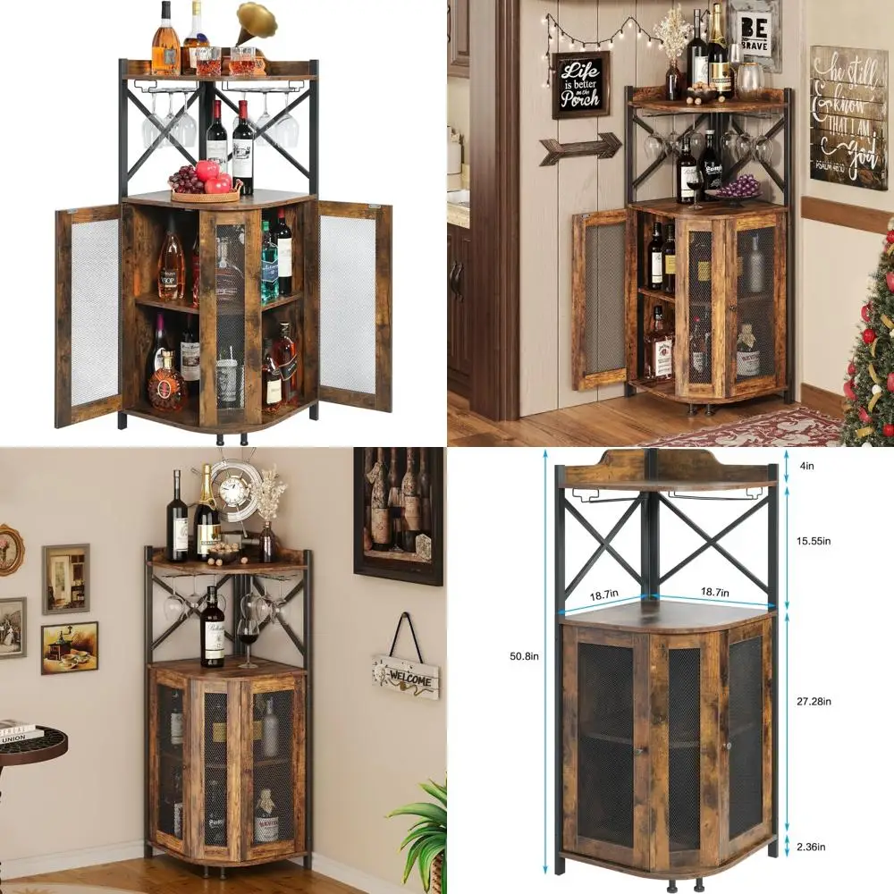 ชั้นวางไวน์สไตล์อินดัสเทรียลทันสมัย พร้อมที่แขวนแก้วและประตูตาข่าย ตู้เก็บของแบบเปิด 4 ชั้น สำหรับบ้านและห้องครัว