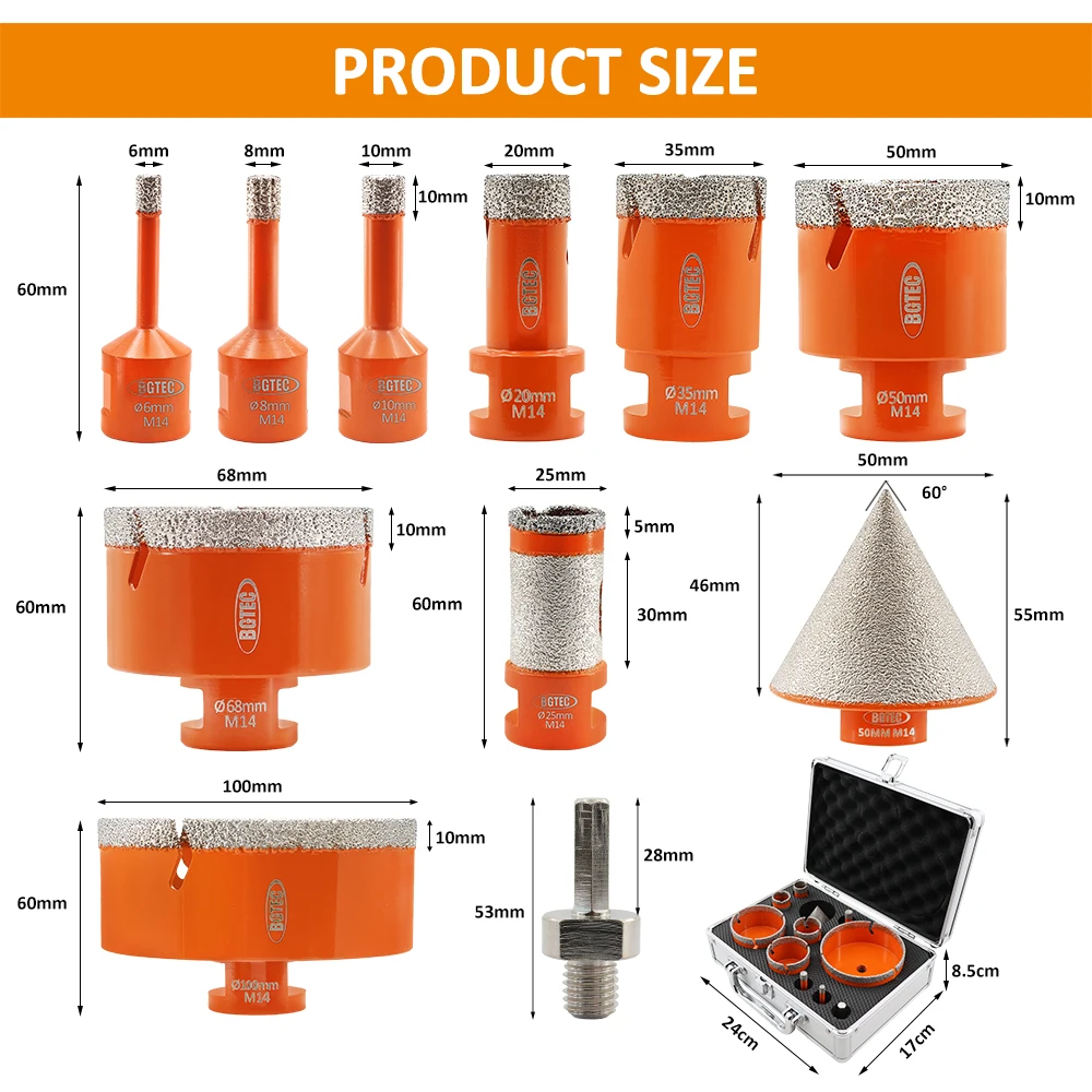 BGTEC 11 pz Kit Punte diamantate per carotaggio Set 6/8/10/20/35/50/68/100mm + 50mm Smusso + 25mm Fresatura e foratura + Hex Piastrelle Marmo Granito
