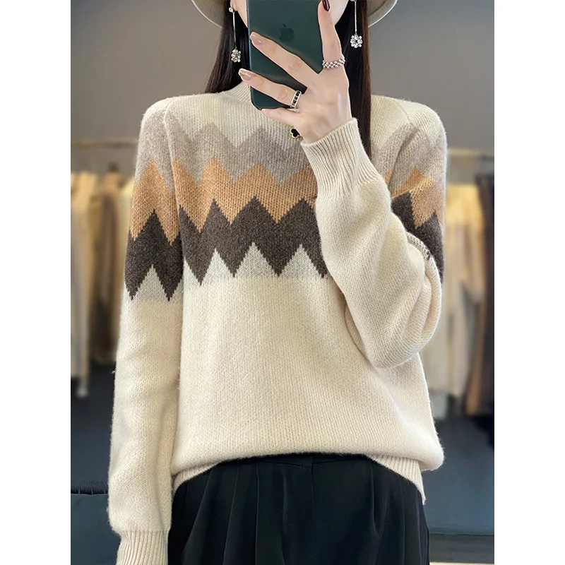 Autumn Winter New Woolen Sweater Women's Round Neck Long Sleeve Pullover Color Block 100 Pure Wool Loose Jacquard Style Knitwear