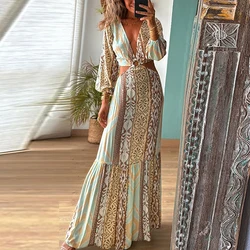 Damska 2024 talia Hollow Bohemian Dress Vintage Printed V-Neck Vacation Long Dress New Autumn Long Sleeve Backless A-line Dress