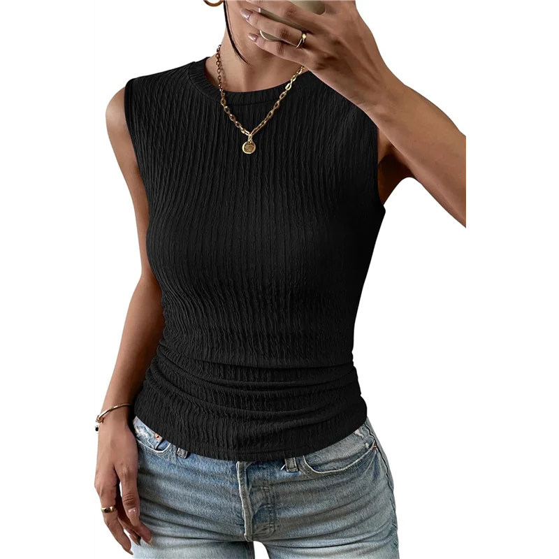 

A83F-Женская майка с высоким воротом, лето 2024, повседневные трикотажные рубашки в рубчик, облегающие базовые текстурированные рубашки без рукавов