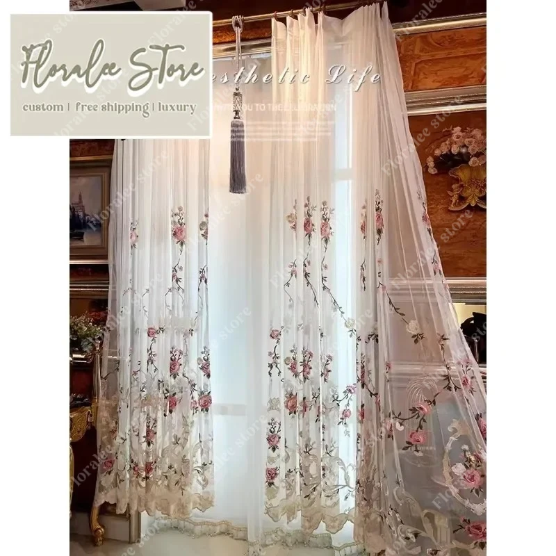 

New European Style Luxury Embroidered Tulle Window Curtains For Living Room Bedroom Dining Custom Size Partition Door Decor