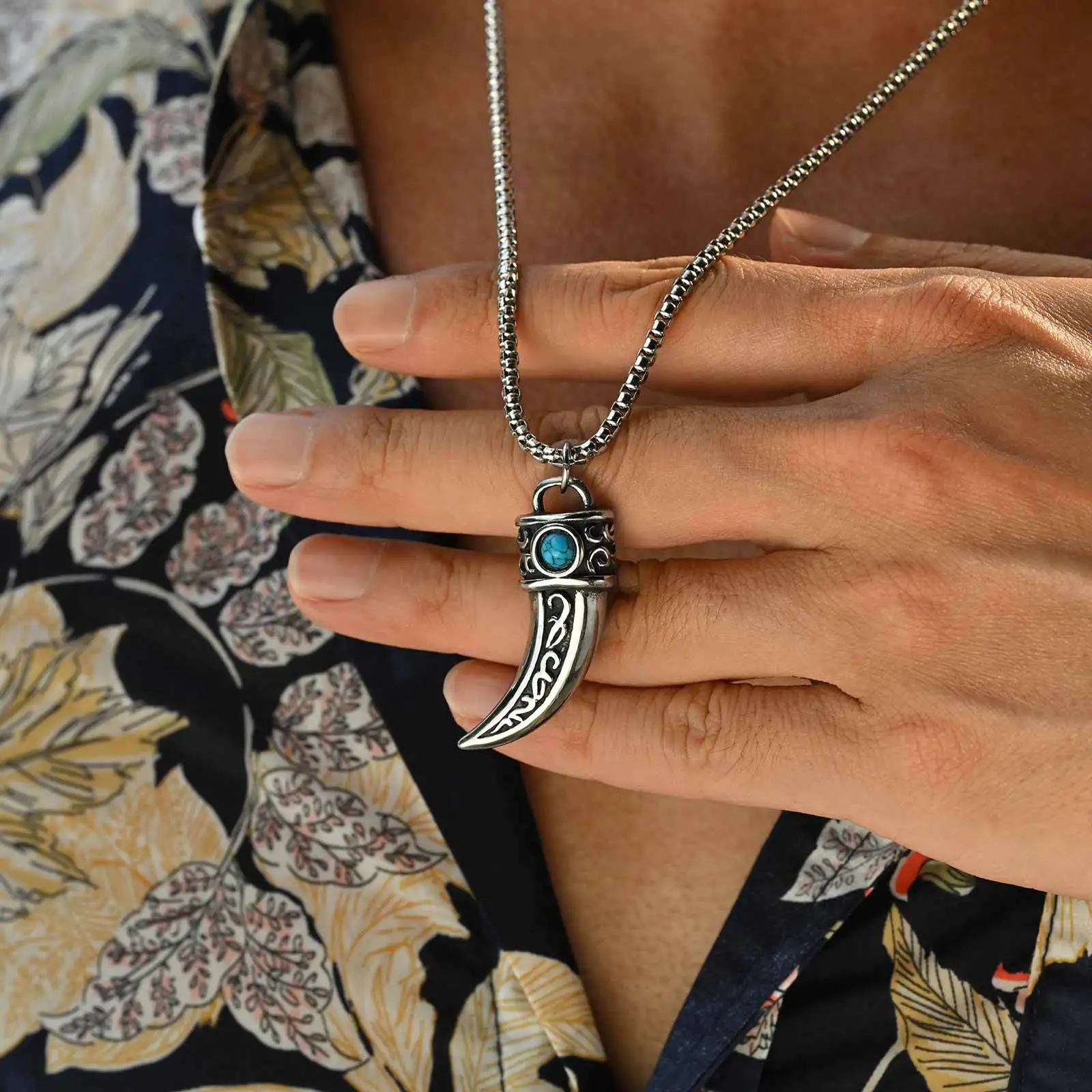 

Vintage Horn Charms Necklace for Men Boys Stainless Steel Turquoise Pendant Waterproof Natural Stone Ethnic Style Jewelry Gift