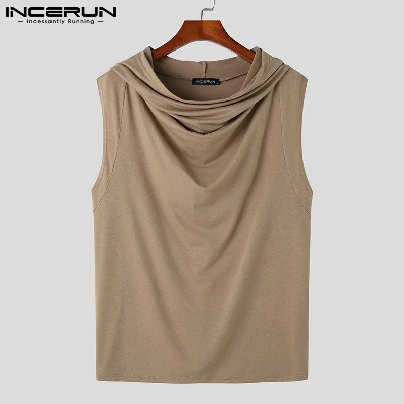 INCERUN Tops 2023 Handsome Men's Stylish Solid Hooded Waistcoat Casual Streetwear Loose Sleeveless Pile Collar Tank Tops S-5XL