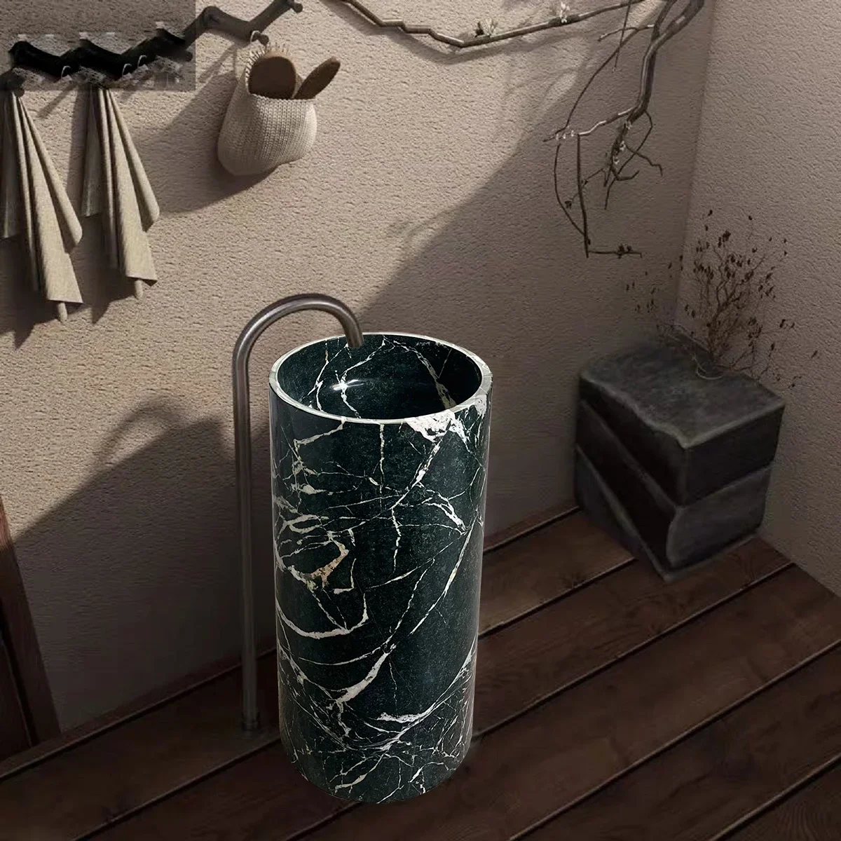 

yj5 Custom marble French wood grain Prada green landscape Baisha Roland integrated molding column basin