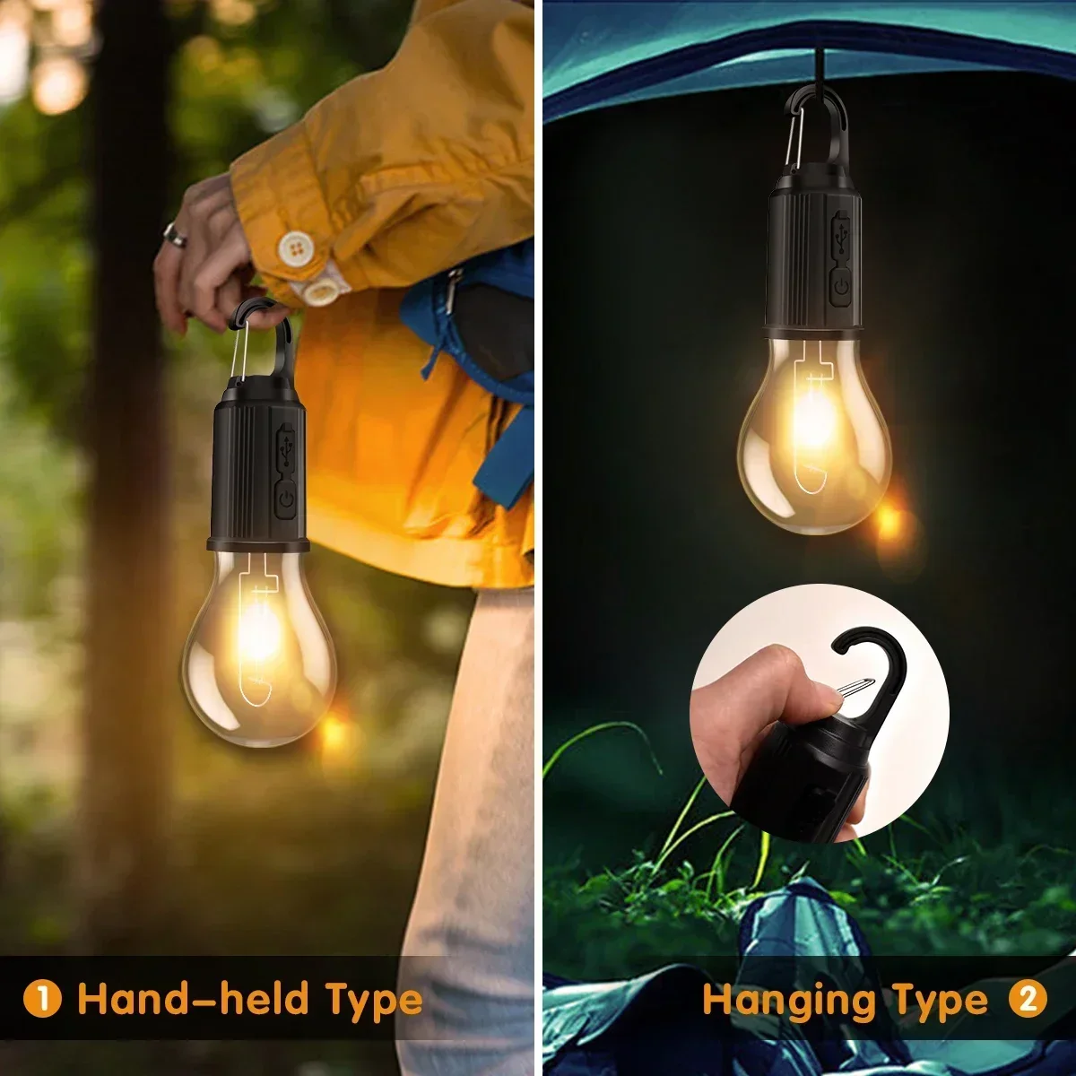 Portable LED Camping Light Type-C Charging Warm Light Camping Lamp with Hook Waterproof Lighting Lantern for Hiking Fishing