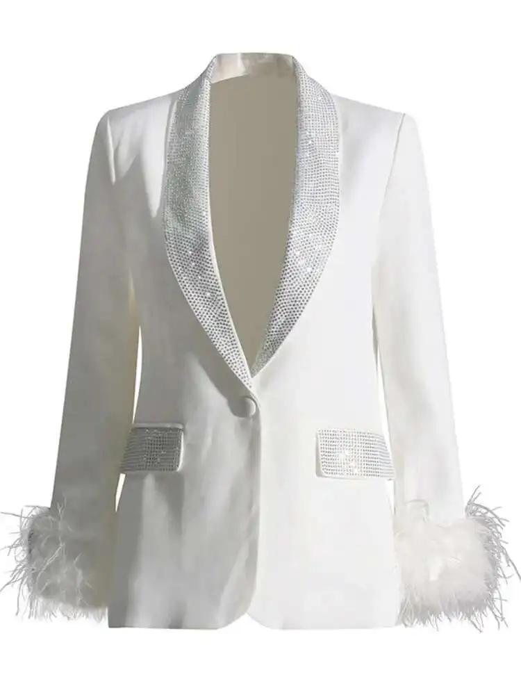 سترة مزينة بالماس مزين بالترتر للنساء ، زر واحد ، تصميم أنيق للأزياء ، لون ثابت ، جديد ، صيف ، XF1980 ،