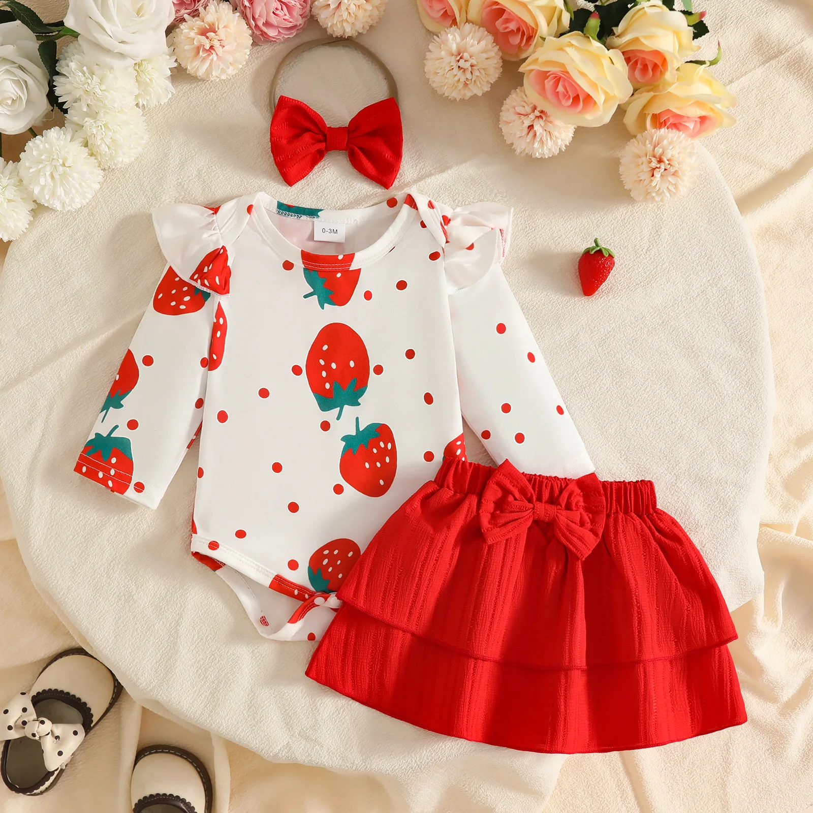2026 Autumn Newborn Baby Set Strawberry Ruffle Bodysuit + Layer Red Ruffle Skirt + Bow Hair Tie Infant Girls Clothes Outfit