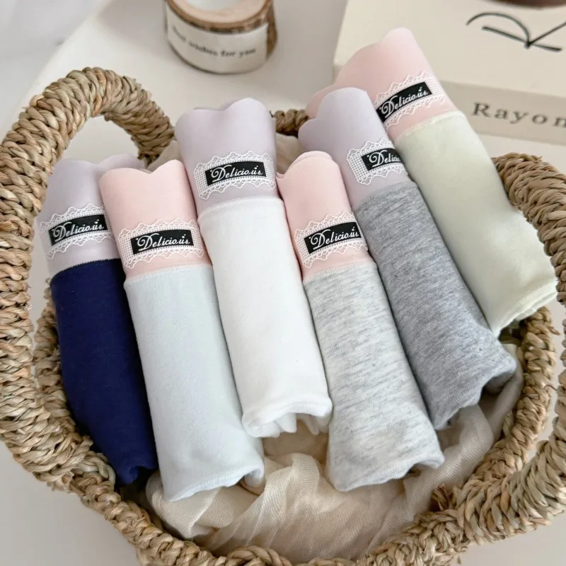 Comfortable Breathable Pure 10A Cotton Soft Cotton Girl Underwear Color-Blocked Mid Waist Antibacterial Extended Crotch Triangle