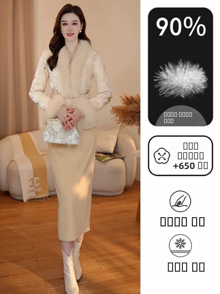 

New Chinese Sle White Goose down Jaet Fur Lined Warmth Outerwear Izp Ladies Faion Winter Coat ort Length Open Car...