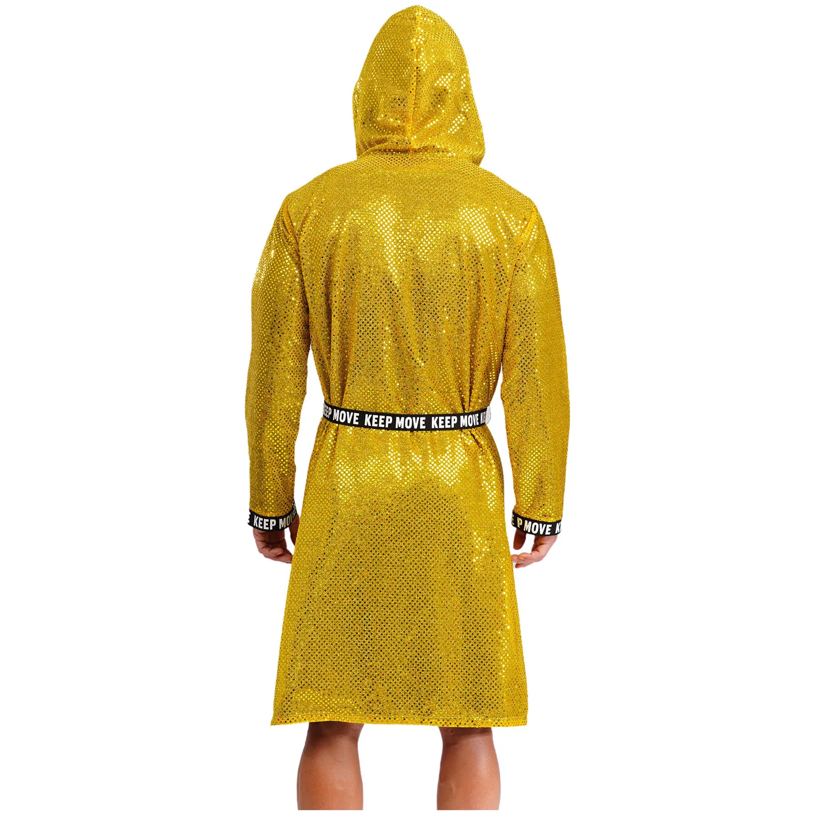 Men Shiny Sequins Boxing Robe Nightgown Sleepwear Adult Hooded Long Sleeve Boxing Robe With Belt Loose Cover Up Bathrobe Robe