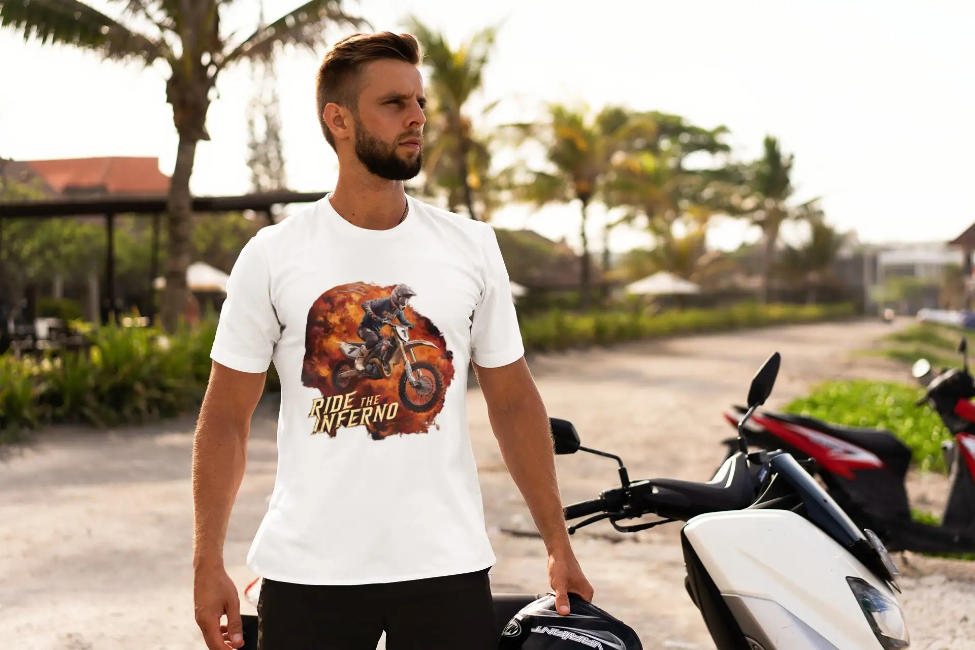 Men'S High Octane Motocross T Shirt Ride The Inferno Fiery Background Athletic Style Vibrant Adventure Spirit Perfect For