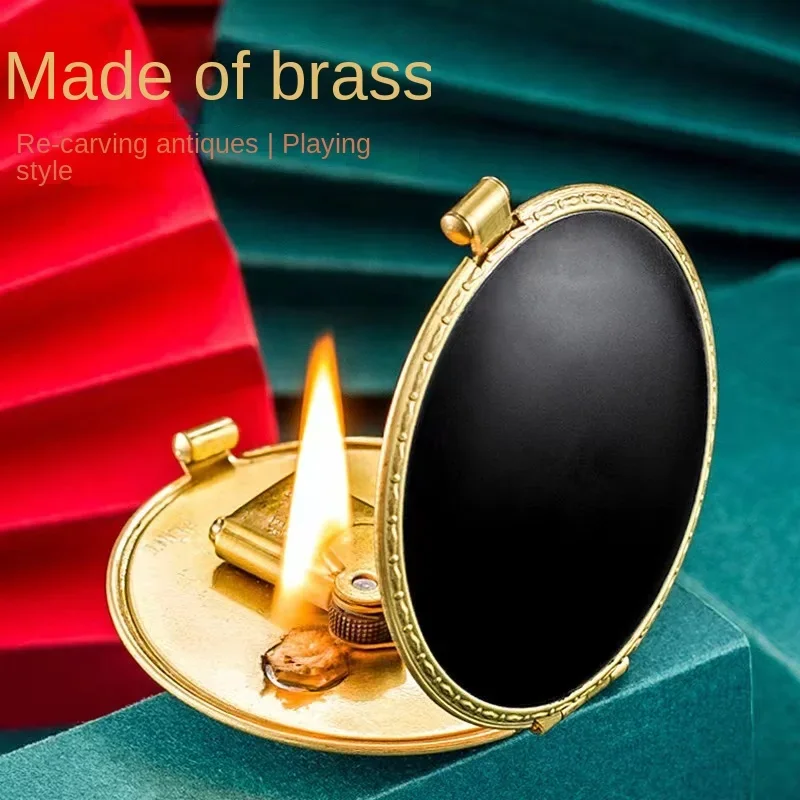 Handmade Brass 1935 Compact Circular Semi-automatic Antique High-end Lighter Mechanical Gas oline Pressed Powder Lighter