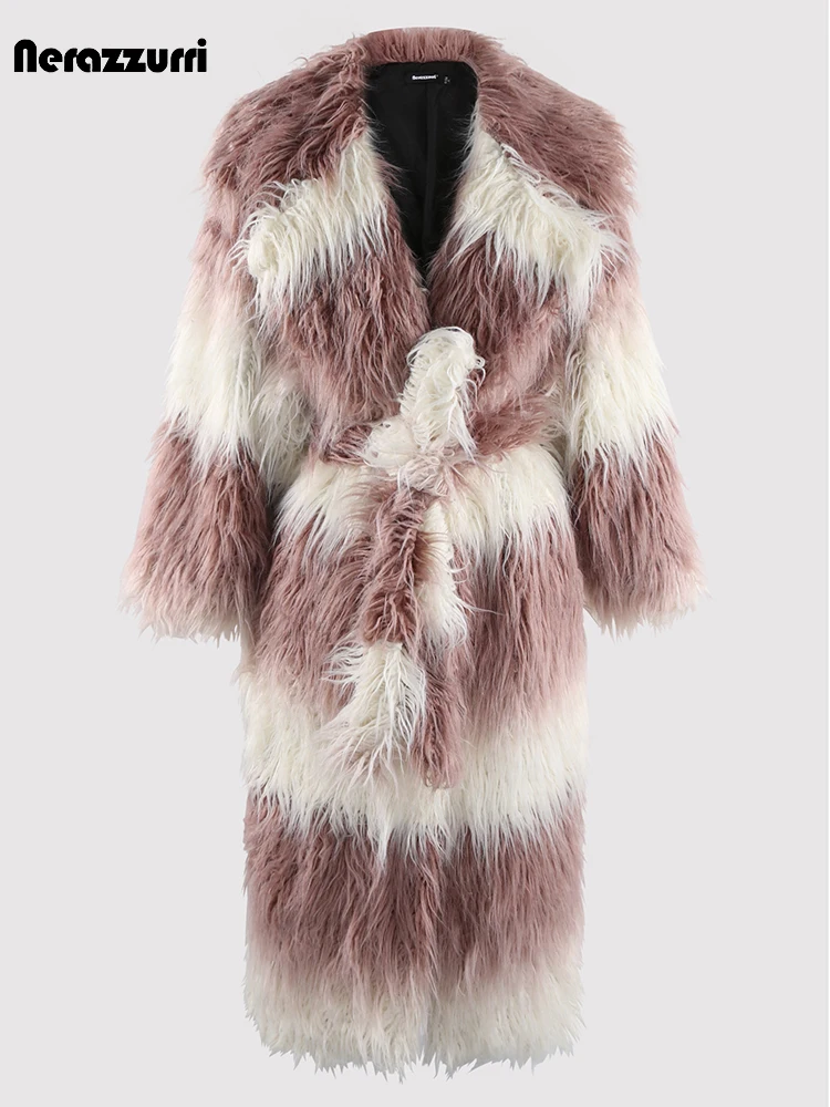 Nerazzurri Winter Long Thick Warm Colorful Hairy Shaggy Fluffy Faux Mongolia Sheep Fur Coat Women Sashes Furry Overcoat 2024