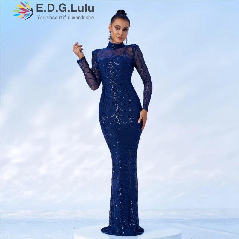 EDGLuLu  Turtleneck See Through Mesh Sequins Long Sleeves Formal Evening Dresses Women 2024 Elegant Long Mermaid Dresses 1014