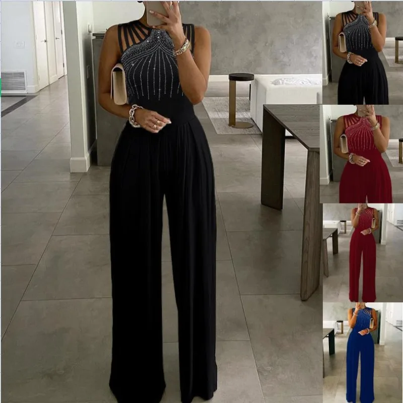 Women's Summer New Fashionable Wide Leg Jumpsuit with Waist Cinched and Diamond Studded Jumpsuit Solid Color Summer Dress