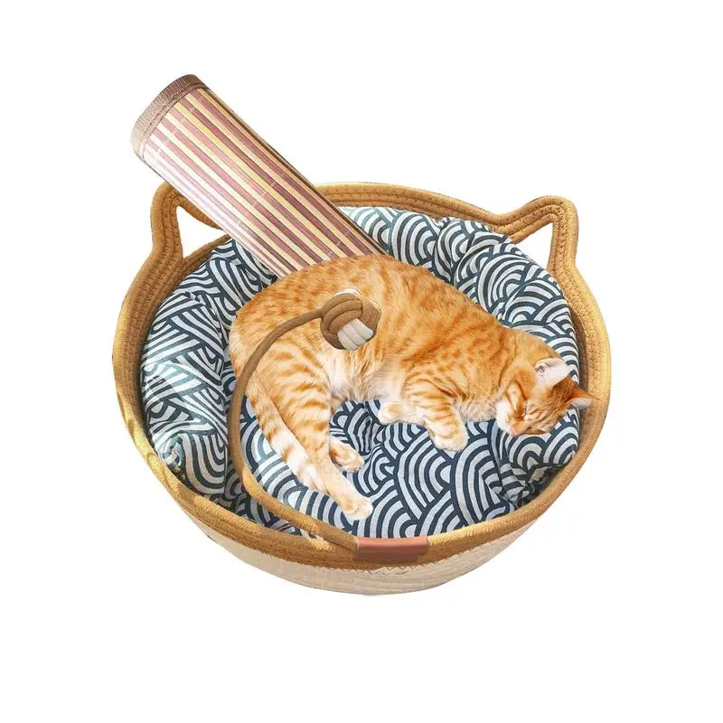 

Cat Bed Basket Nest Woven Pet House Handmade With Playing Rope Ball Odorless Natural Cotton Linen Kitten Shaped Cat Scratch Pad