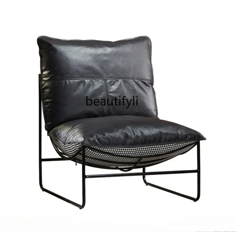 

Nordic retro modern thousand bird grid fabric cowhide double-sided wrought iron casual sofa chair leather recliner53