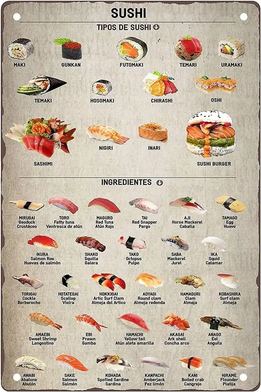 Sushi Knowledge Metal Tin Sign Sushi Types Infographics Poster Wall Art for Bar Club Kitchen Garden Store Home Decor Metal Sign