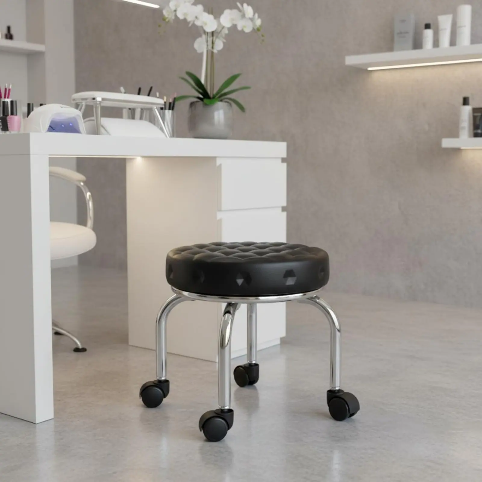 

Round Padded Rolling Stool Stackable Design Low Stool with Wheels Household Furniture Sturdy Duty Long-Lasting for Technicians