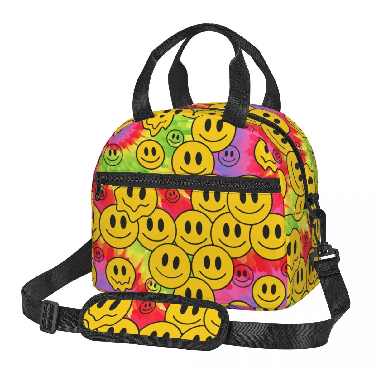 Funny Crazy Melt Smile Faces Insulated Lunch Bag With Adjustable Shoulder Strap Tie Dye 60s Storage Food Box Large Capacity