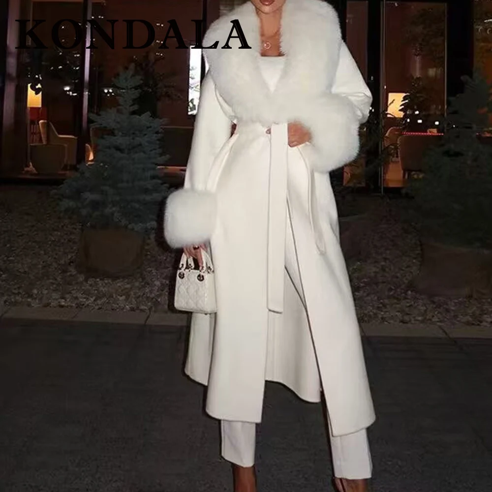 KONDALA Vintage Black Elegant Fur Collar 2025 Winter Women Long Coat Belt Fashion Flurry Sleeve Luxurious Female Chic Outwear