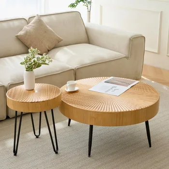 Image 31.5" Round Wood Nesting Table with Adjustable Foot Pads, Circle Coffee Tables for Living Room, Bedroom (Radial)