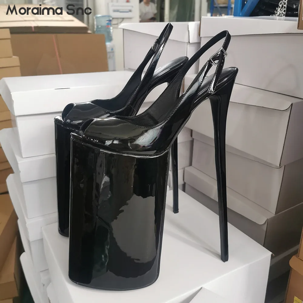 

Super High Heel Black Patent Leather Pumps Super High Platform Stiletto Stage Fish Mouth Shoes Fashionable Open Toe Women's Shoe