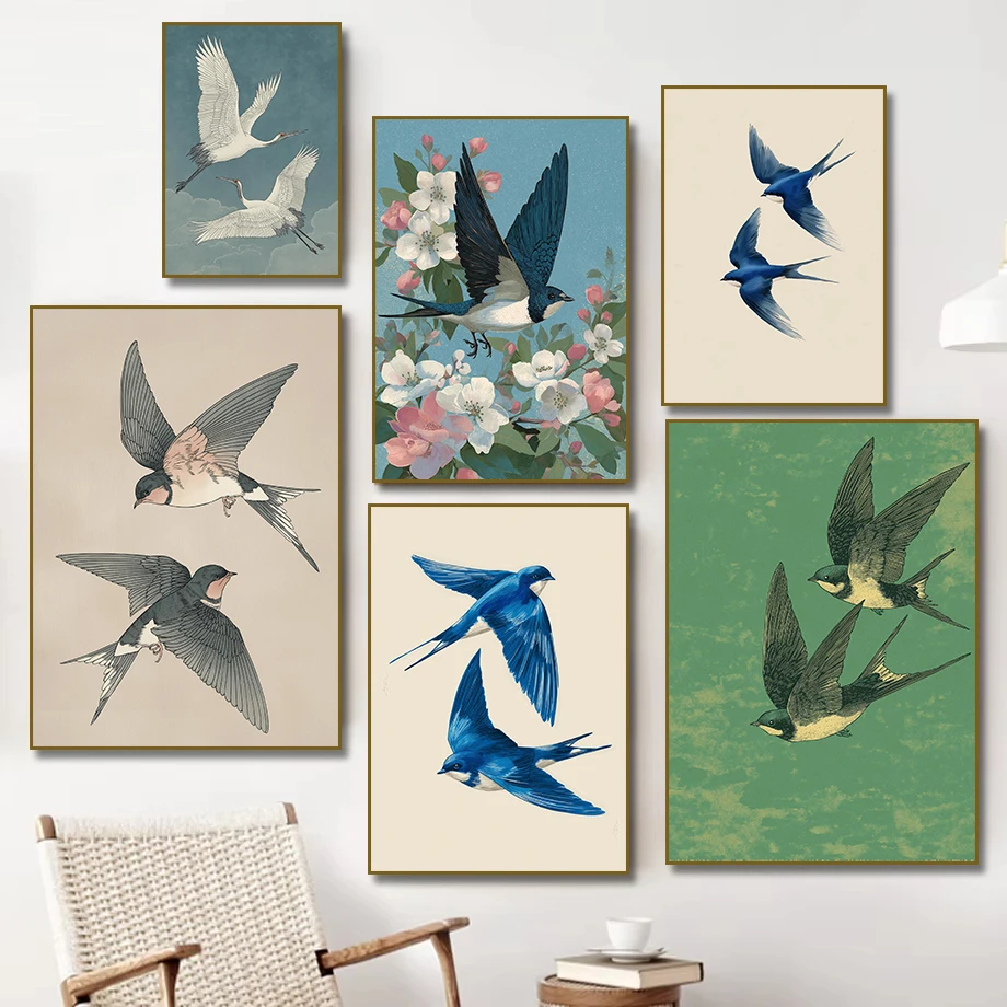 (No frame)Japanese Style Japandi Blue Swallow Bird Wall Art Canvas Painting Floral Botanical Minimalist Poster Print Room Hom