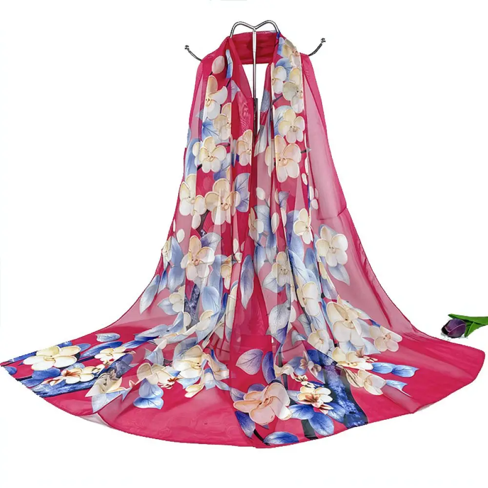 Fashion Women Chiffon Scarf Floral Print Long Shawl Soft Lightweight Beach Sunscreen Wrap Elegant Neck Scarf For Tumanfei