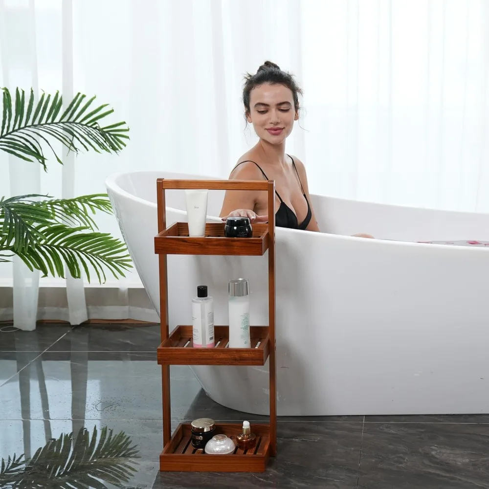 

Teak Shower Caddy Corner, 3 Tier Standing Shower Organizer Shelf with Handle, Wood Bathroom Stand Up Caddy Basket for Shampoo
