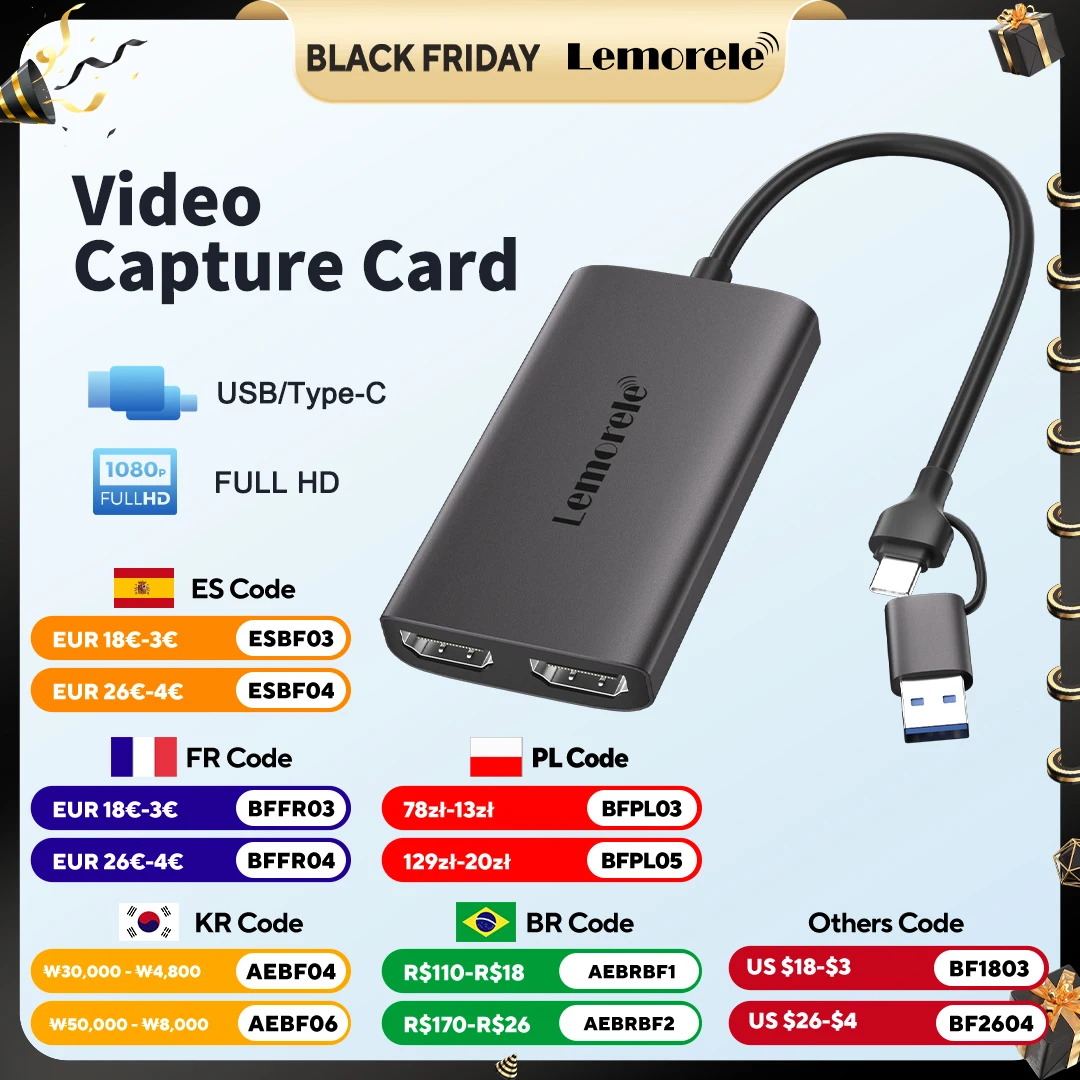 

Карта видеозахвата Lemorele 4K HDMI-совместима с USB A/C, карта записи с выходом 4K для коммутатора Xbox PS4/5, потоковая трансляция в реальном времени