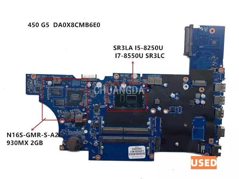 USED  L00825-001 L00828-001 For HP Probook 450 G5 Laptop Motherboard DA0X8CMB6E0 I7-8550U I5-8250U DDR4 930m 2GB